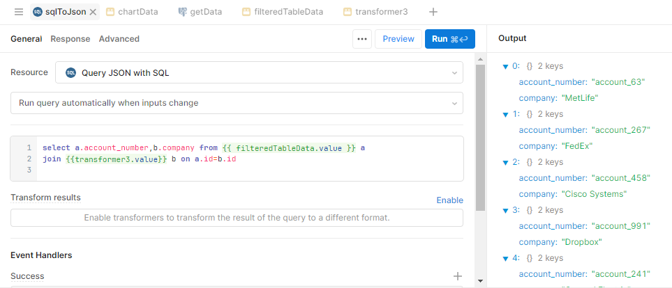 Retool SQL to JSON resource query